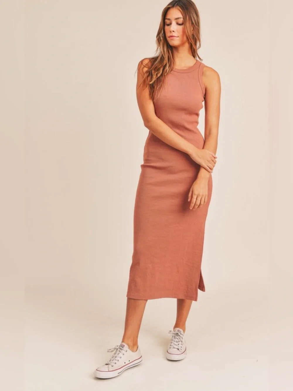 Sleeveless super stretchy Ribbed Midi Dress in Dusty Rose - Picture 2 of 9